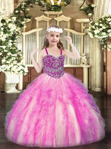 Trendy Ball Gowns Kids Pageant Dress Rose Pink Straps Organza Sleeveless Floor Length Lace Up