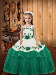 Turquoise Sleeveless Floor Length Embroidery and Ruffled Layers Lace Up Pageant Dress for Girls