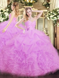 Lilac Organza Lace Up Sweetheart Sleeveless Floor Length 15 Quinceanera Dress Beading and Ruffles