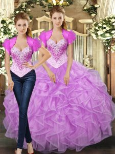 Modern Lilac Quinceanera Gown Military Ball and Sweet 16 and Quinceanera with Beading and Ruffles Straps Sleeveless Lace Up