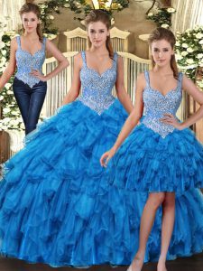 Teal Straps Neckline Beading and Ruffles 15th Birthday Dress Sleeveless Lace Up