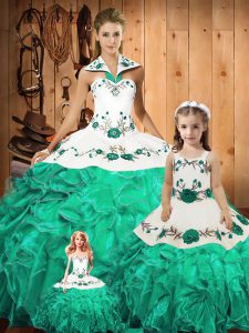 Sumptuous Embroidery and Ruffles Sweet 16 Quinceanera Dress Green Lace Up Sleeveless Floor Length