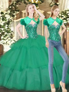 Smart Turquoise Ball Gowns Tulle Sweetheart Sleeveless Beading and Ruffled Layers Floor Length Lace Up 15 Quinceanera Dress