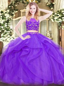 Lavender Sleeveless Tulle Zipper Juniors Party Dress for Military Ball and Sweet 16 and Quinceanera