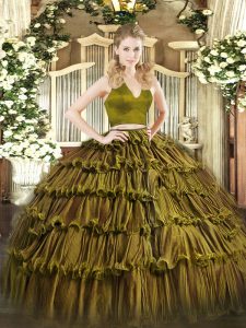 Super Ruffled Layers Sweet 16 Quinceanera Dress Olive Green Zipper Sleeveless Floor Length