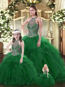 Dark Green Ball Gown Prom Dress Military Ball and Sweet 16 and Quinceanera with Beading and Ruffles Halter Top Sleeveless Lace Up