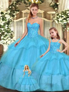 Fantastic Organza Sweetheart Sleeveless Lace Up Beading and Ruffled Layers Vestidos de Quinceanera in Aqua Blue