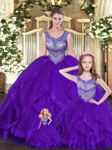 Super Beading and Ruffles Sweet 16 Quinceanera Dress Eggplant Purple Lace Up Sleeveless Floor Length