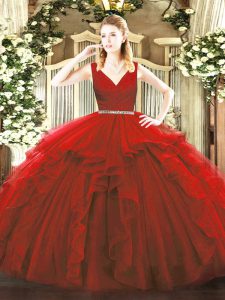Wine Red Ball Gowns Tulle V-neck Sleeveless Beading and Ruffles Floor Length Zipper Quinceanera Dresses