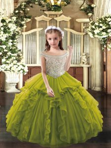Fancy Ball Gowns Pageant Dress for Girls Olive Green Off The Shoulder Organza Sleeveless Floor Length Lace Up
