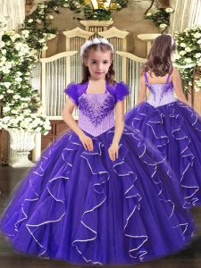 Hot Sale Purple Sleeveless Floor Length Beading and Ruffles Lace Up Pageant Dress for Girls