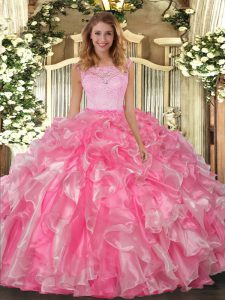 Sleeveless Floor Length Lace and Ruffles Clasp Handle Quinceanera Gown with Hot Pink