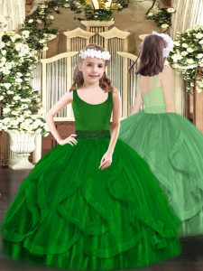 Affordable Tulle Scoop Sleeveless Zipper Beading and Ruffles Pageant Dress for Teens in Dark Green