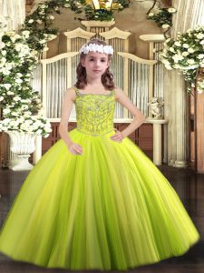 Yellow Green Ball Gowns Tulle Straps Sleeveless Beading Floor Length Lace Up Pageant Dress for Teens
