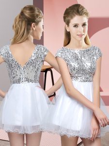 Attractive White Tulle Zipper Scoop Cap Sleeves Mini Length Quinceanera Court of Honor Dress Sequins