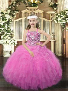 Rose Pink Straps Lace Up Beading and Ruffles Little Girl Pageant Gowns Sleeveless