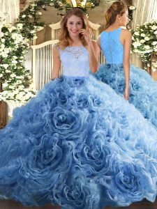 Scoop Sleeveless Sweet 16 Quinceanera Dress Floor Length Beading and Ruffles Baby Blue Fabric With Rolling Flowers