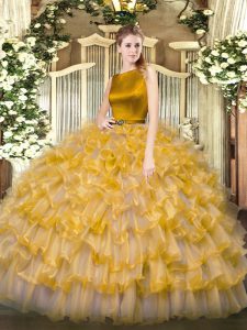 Gold Organza Clasp Handle Scoop Sleeveless Floor Length 15 Quinceanera Dress Ruffled Layers