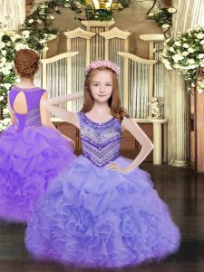 Lavender Ball Gowns Beading and Ruffles and Pick Ups Evening Gowns Lace Up Organza Sleeveless Floor Length