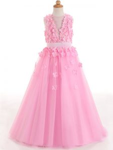 Unique Floor Length Rose Pink Pageant Dress for Teens Scoop Sleeveless Zipper