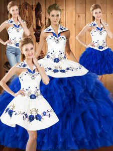 Clearance Halter Top Sleeveless Satin and Organza Sweet 16 Dress Embroidery and Ruffles Lace Up