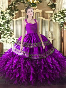 Purple Ball Gown Prom Dress For with Appliques and Ruffles Straps Sleeveless Zipper