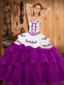 Strapless Sleeveless Quinceanera Gowns Sweep Train Embroidery and Ruffled Layers Fuchsia Tulle