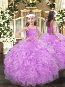 Fantastic Lilac Ball Gowns Beading and Ruffles Girls Pageant Dresses Lace Up Organza Sleeveless Floor Length