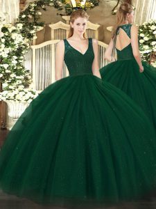 Fashion Dark Green Zipper V-neck Beading Sweet 16 Quinceanera Dress Tulle and Sequined Sleeveless