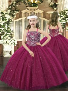 Excellent Fuchsia Little Girl Pageant Dress Party and Quinceanera with Beading Straps Sleeveless Lace Up