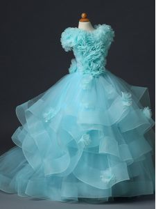 Attractive Ruffles and Hand Made Flower Little Girl Pageant Dress Aqua Blue Lace Up Sleeveless Floor Length