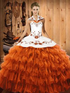 Rust Red Sleeveless Satin and Organza Lace Up Quinceanera Dresses for Military Ball and Sweet 16 and Quinceanera