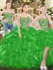 Modest Green Lace Up Sweetheart Beading and Ruffles 15 Quinceanera Dress Tulle Sleeveless