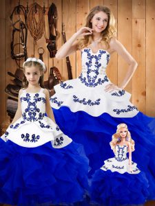 Royal Blue Ball Gowns Tulle Strapless Sleeveless Embroidery and Ruffles Floor Length Lace Up Quinceanera Dresses