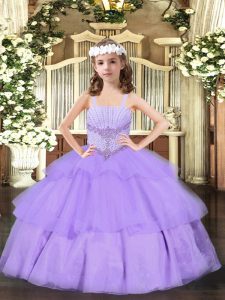 Luxurious Organza Straps Sleeveless Lace Up Beading and Ruffled Layers Little Girls Pageant Dress Wholesale in Lavender