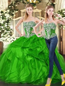 Flare Floor Length Lace Up 15 Quinceanera Dress Green for Military Ball and Sweet 16 and Quinceanera with Beading and Ruffles