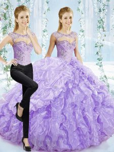 Brush Train Ball Gowns Quinceanera Dresses Lavender Sweetheart Organza Sleeveless Lace Up