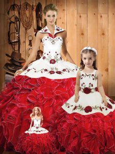Artistic Floor Length Lace Up Quinceanera Gown Red for Military Ball and Sweet 16 and Quinceanera with Embroidery and Ruffles