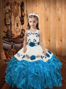 Baby Blue Straps Neckline Embroidery and Ruffles Pageant Dress for Teens Sleeveless Lace Up