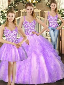 Customized Lilac Straps Lace Up Beading and Ruffles Ball Gown Prom Dress Sleeveless