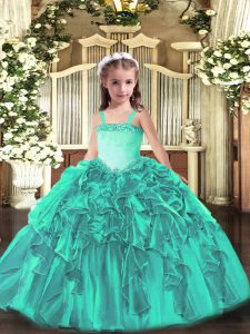 Pretty Sleeveless Lace Up Floor Length Appliques and Ruffles Glitz Pageant Dress