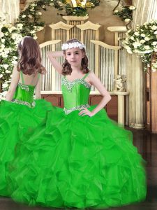 Green Ball Gowns Beading and Ruffles Pageant Gowns For Girls Lace Up Organza Sleeveless Floor Length
