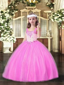 Latest Floor Length Rose Pink Pageant Dress Wholesale Tulle Sleeveless Beading
