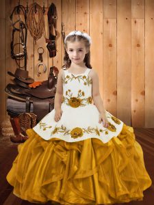 Sleeveless Floor Length Embroidery and Ruffles Zipper Little Girls Pageant Dress Wholesale with Gold