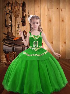Green Child Pageant Dress Sweet 16 and Quinceanera with Embroidery Straps Sleeveless Lace Up