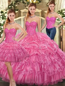 New Style Rose Pink Sleeveless Floor Length Beading and Ruffles Lace Up Quinceanera Gowns