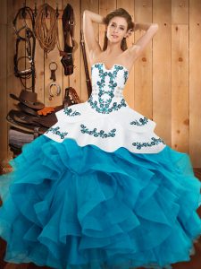 Teal Satin and Organza Lace Up Strapless Sleeveless Floor Length Quinceanera Dresses Embroidery and Ruffles