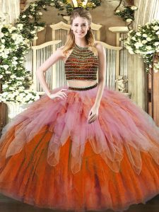 Super Multi-color Halter Top Neckline Beading and Ruffles Sweet 16 Dress Sleeveless Lace Up