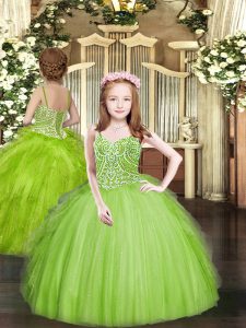 Dazzling Ball Gowns Spaghetti Straps Sleeveless Tulle Floor Length Lace Up Beading and Ruffles Little Girls Pageant Dress