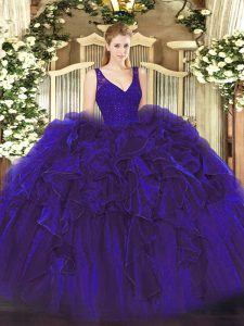 Ball Gowns Sweet 16 Dresses Purple V-neck Organza Sleeveless Floor Length Backless